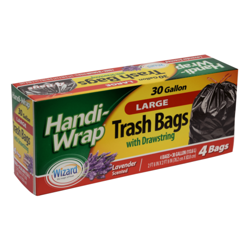 Handi-Wrap 30gal. 4ct., Black Trash Bag w/ Red Drawstring Lavender Scented
